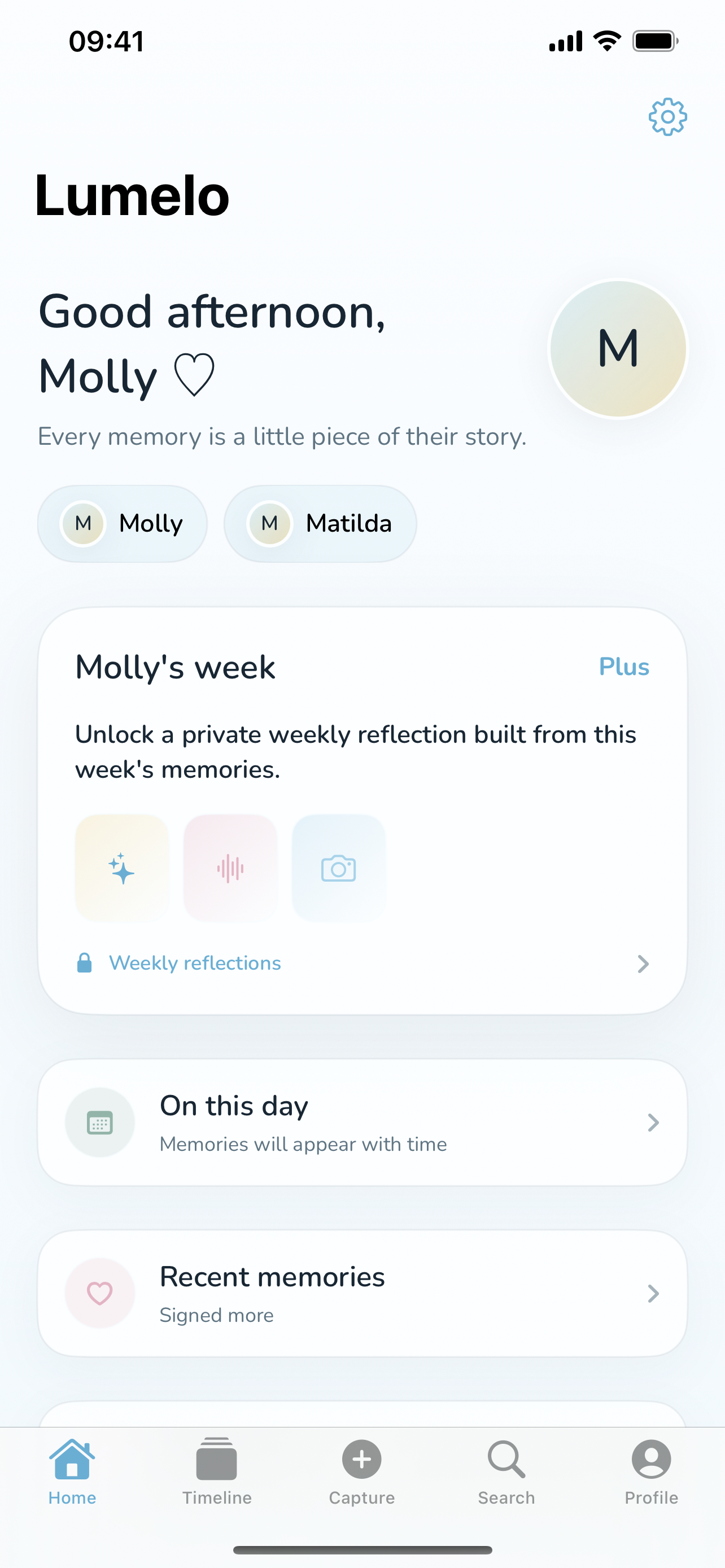 Lumelo home screen showing child profiles, weekly reflections, on this day, and recent memories.