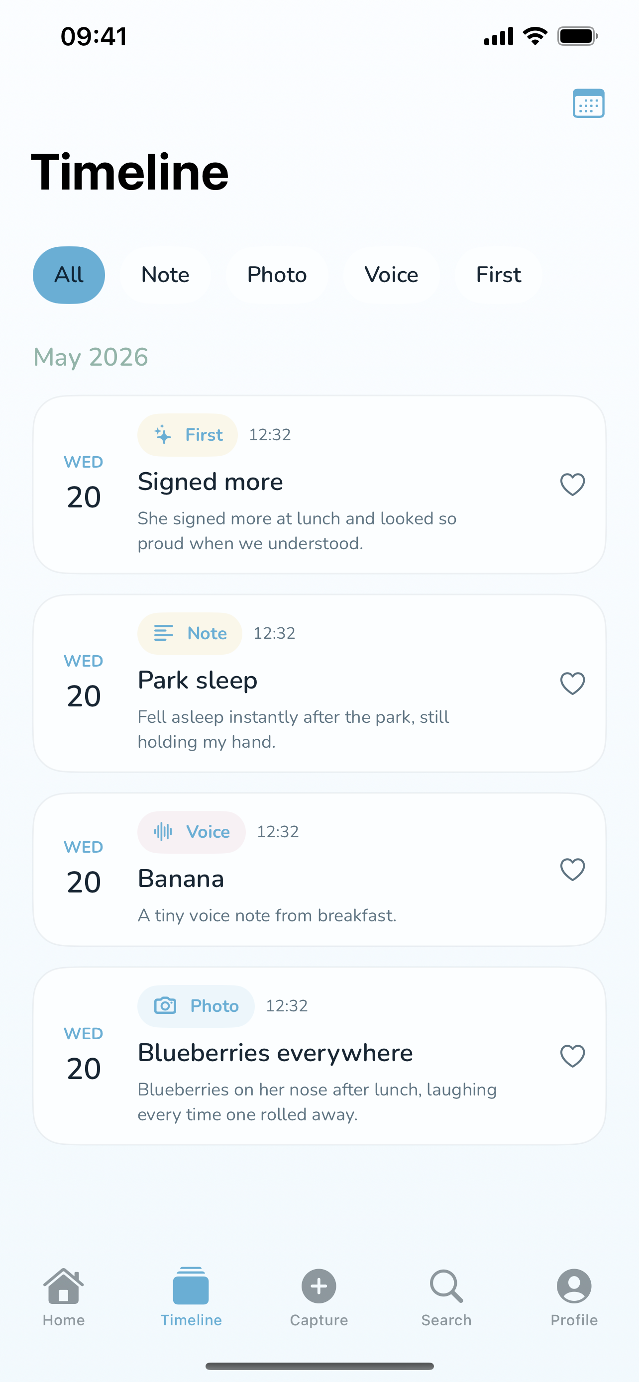 Lumelo timeline screen showing saved memories organized by date.