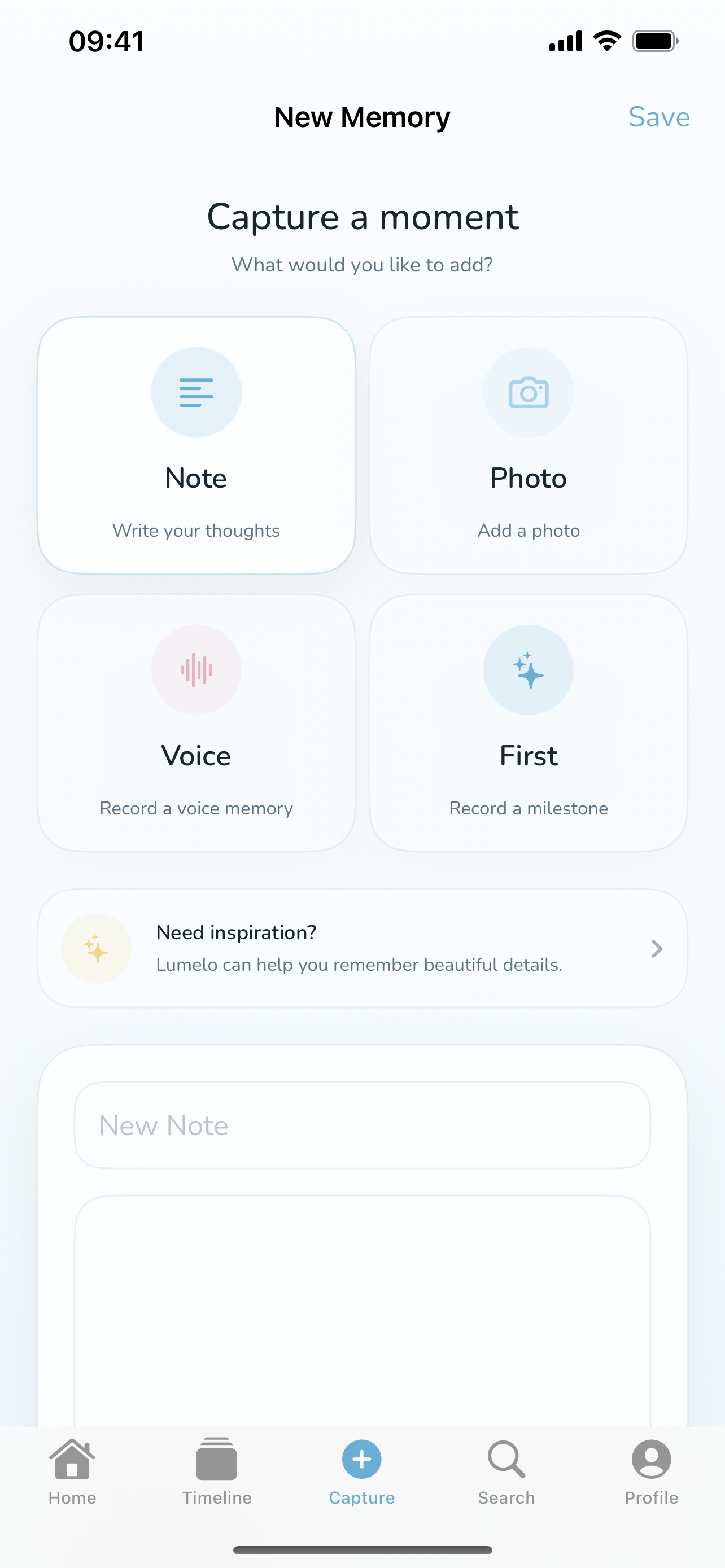 Lumelo capture screen for adding a new memory with text, photos, and details.