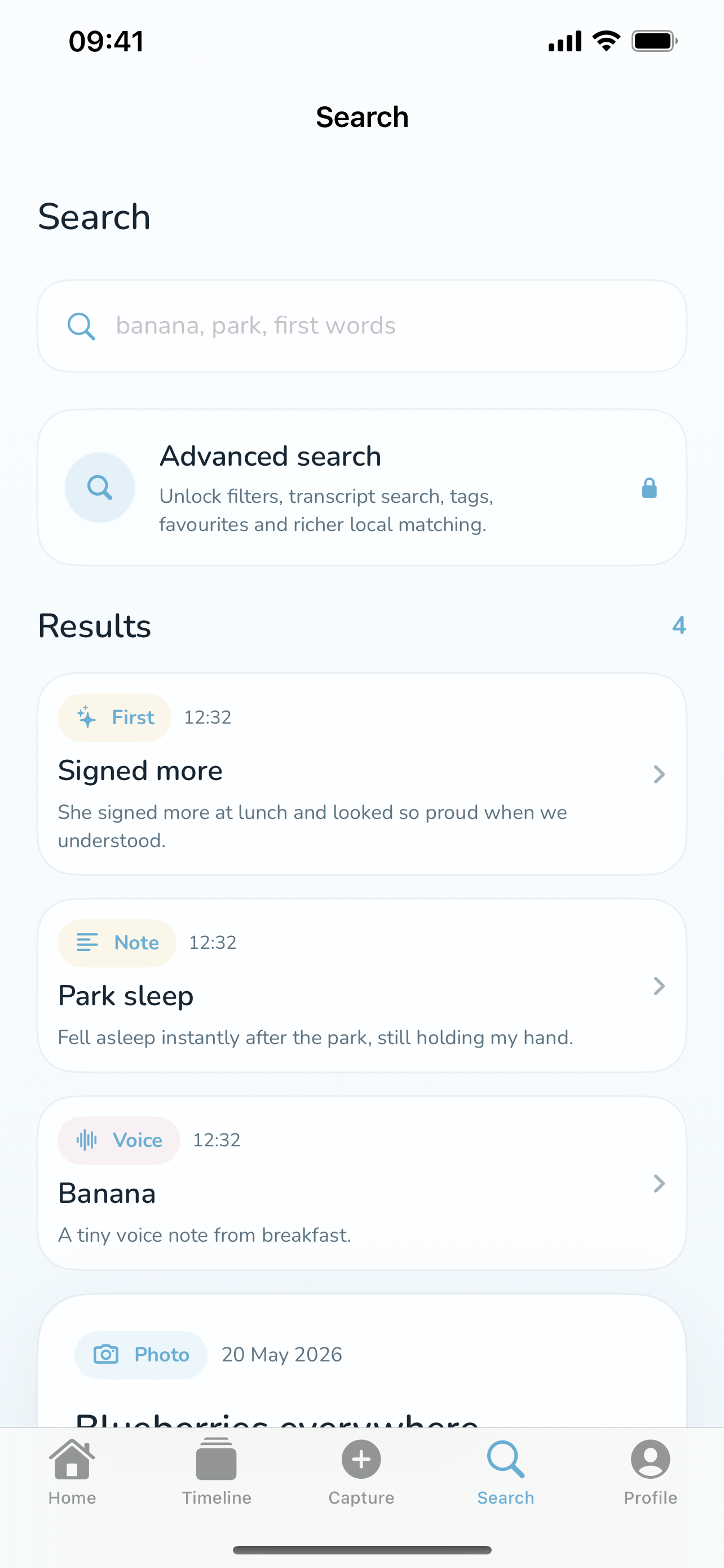 Lumelo search screen for finding saved family memories.