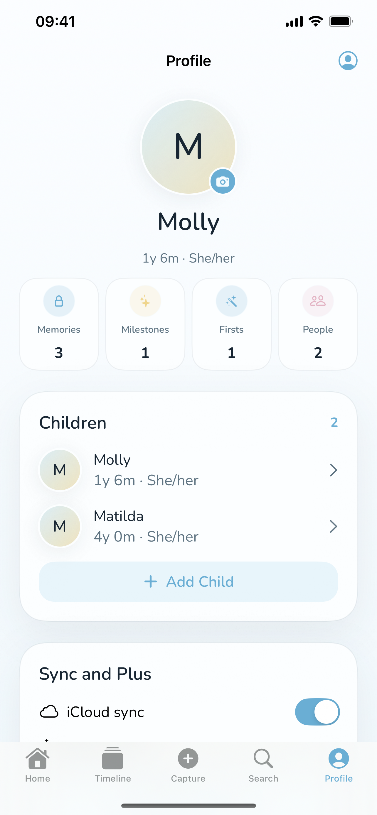 Lumelo profile screen showing child details, memory stats, children, and sync settings.