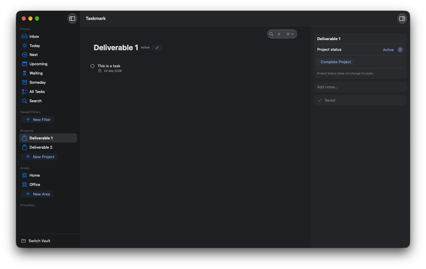 A Taskmark project view with its task list and project details open.