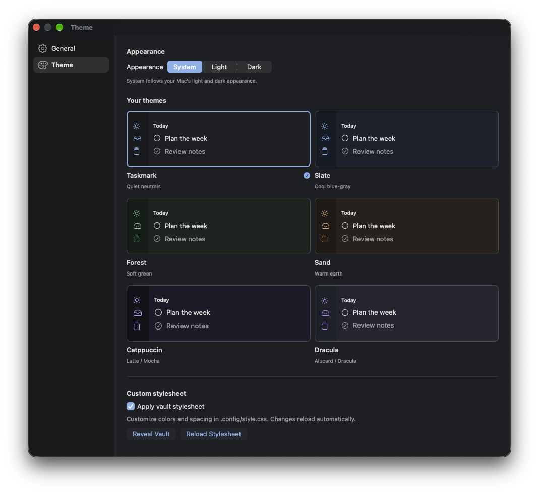 Taskmark theme settings with six theme previews and appearance controls.