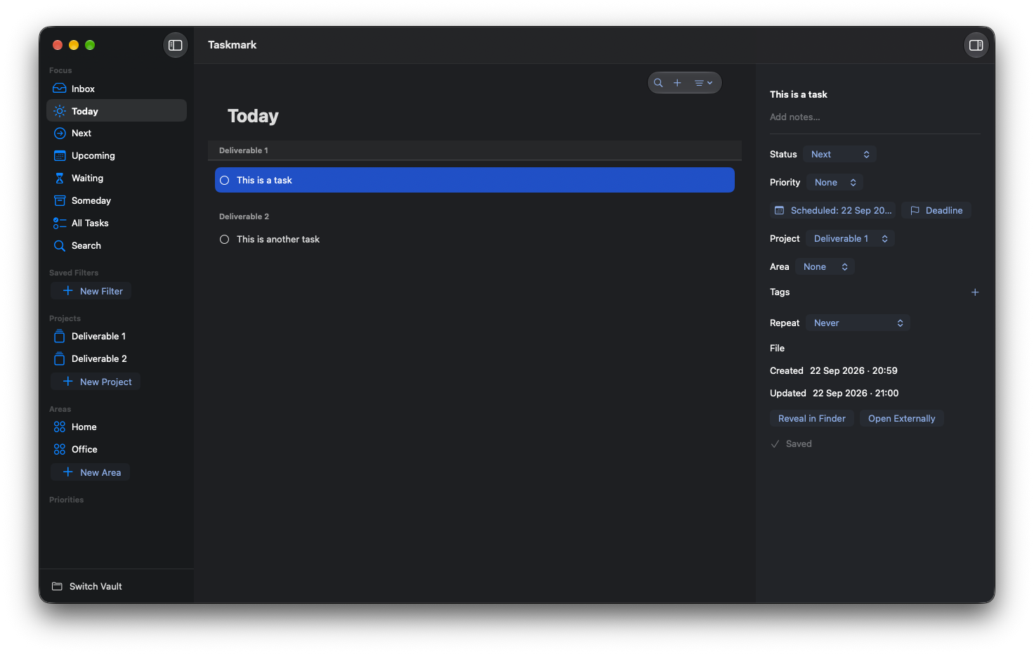 Taskmark in dark mode, showing the Today task list, project sidebar, and task details.