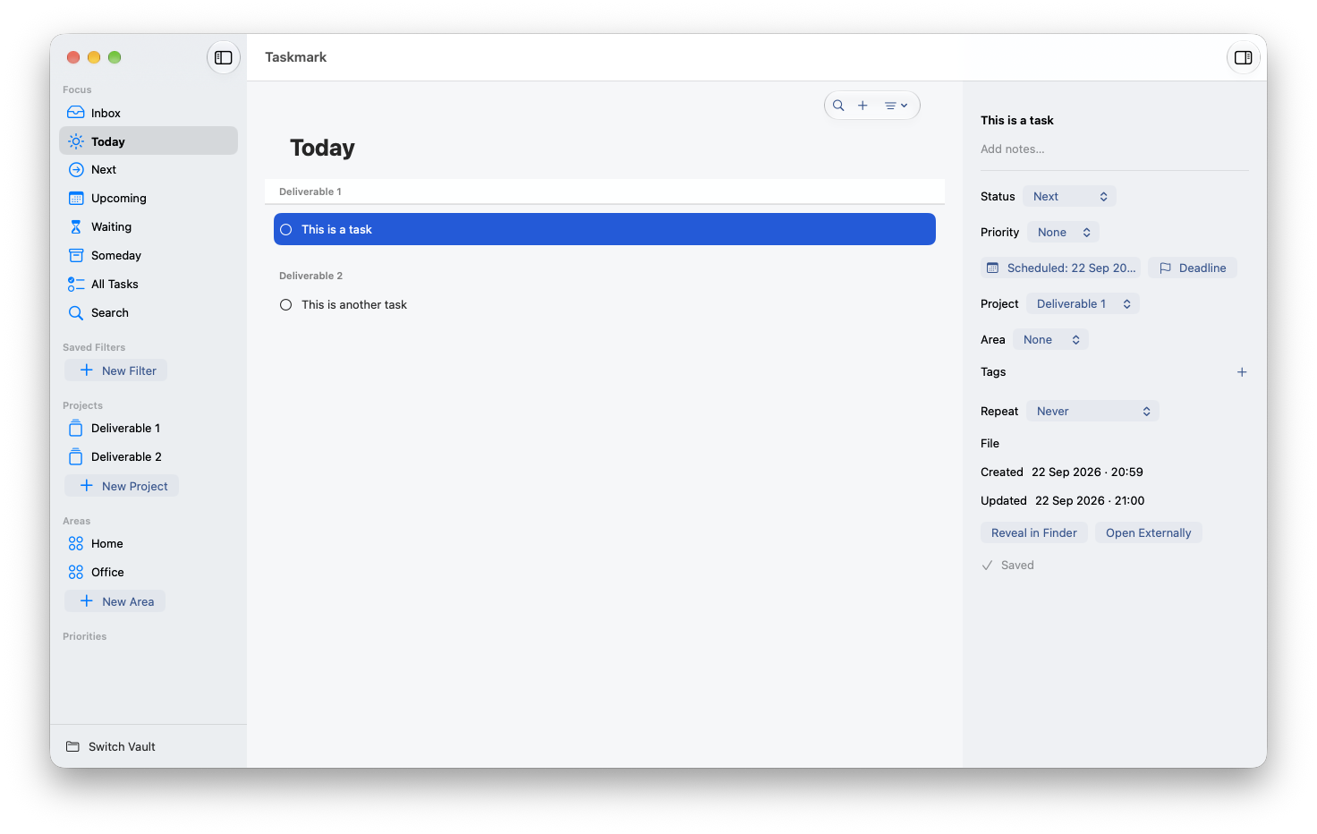 Taskmark in light mode, showing Today's tasks and the selected task's details.